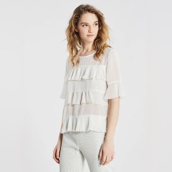 Rebecca Taylor 100% Silk Cream Sheer Pleated Tiered Ruffle Blouse Top size 2